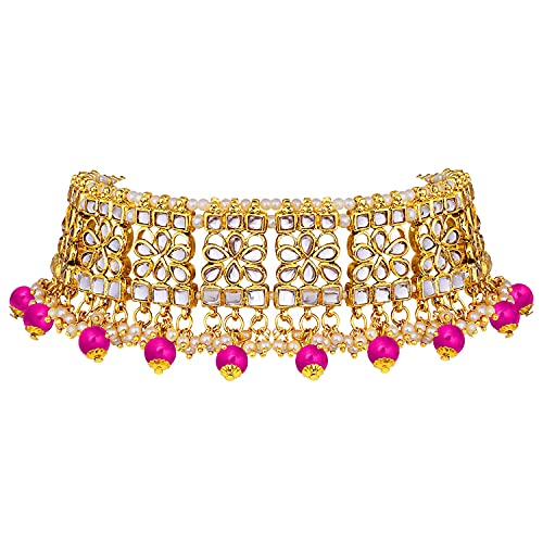 Image of Aheli Elegant Indian Faux Kundan Studded Choker Necklace with Maang Tikka Set Ethnic Wedding Wear Bharatanatyam jewellery set Gift for Women