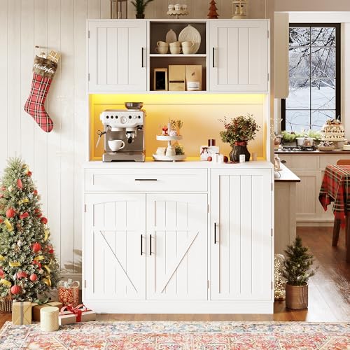 Raeln aparador Blanco 110cm alacena de Cocina despensa Cinco Puertas Franjas Verticales armarios de Cocina Cajon Madera Muebles auxiliares estantes Vitrina Base Comedor Salon Pasillo