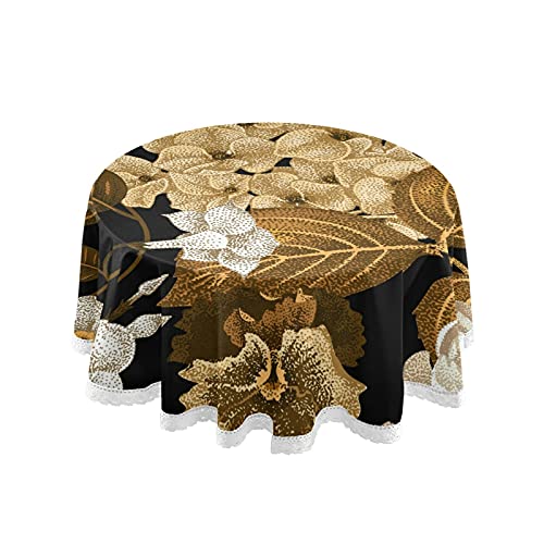 Vnurnrn Flor Blanca Dorada Mantel Antimanchas Redondo Decorativo Paño para Hogar Comedor del Cocina Fiesta