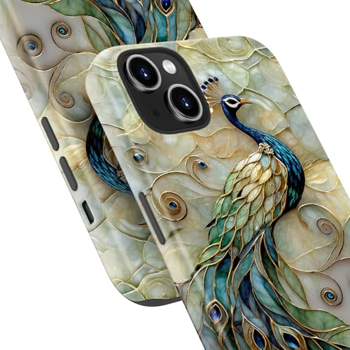 Image of Goodon for iPhone 15 Plus Case Cute - Wireless Charging Compatible - Dual-Layer Hard Shell + Silicone Cover - Protective Phone Case with Trendy Designs for Women - Peacock and Flower
