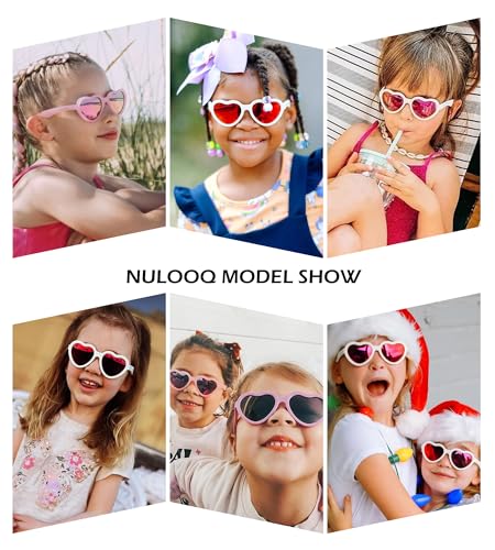NULOOQ Kids Heart Sunglasses for Girls – Cute Polarized Flexible Frame Toddler Sunglasses with Strap Age 2-82