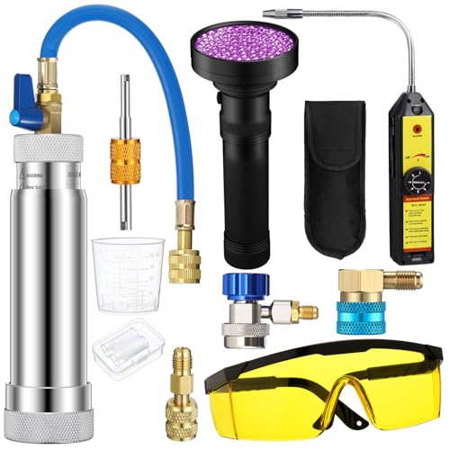 Tellegloww Ac Leak Detector Kit for R1234yf R134a R410a Ac Oil UV Dye Injector Kit Refrigerant Leak Detector Tool Low Side Quick Coupler Mini Split Adapter Flashlight with Protective Glasses