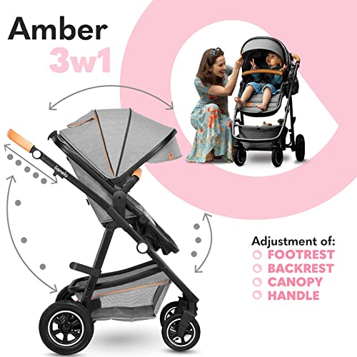 LIONELO Amber Kinderwagen 3 in 1 Kombikinderwagen Set sportlicher Sitz fester Babywanne Autositz Tasche Moskitonetz Regenschutz XXL-Dach mit Sonnenschutz (GRAU)