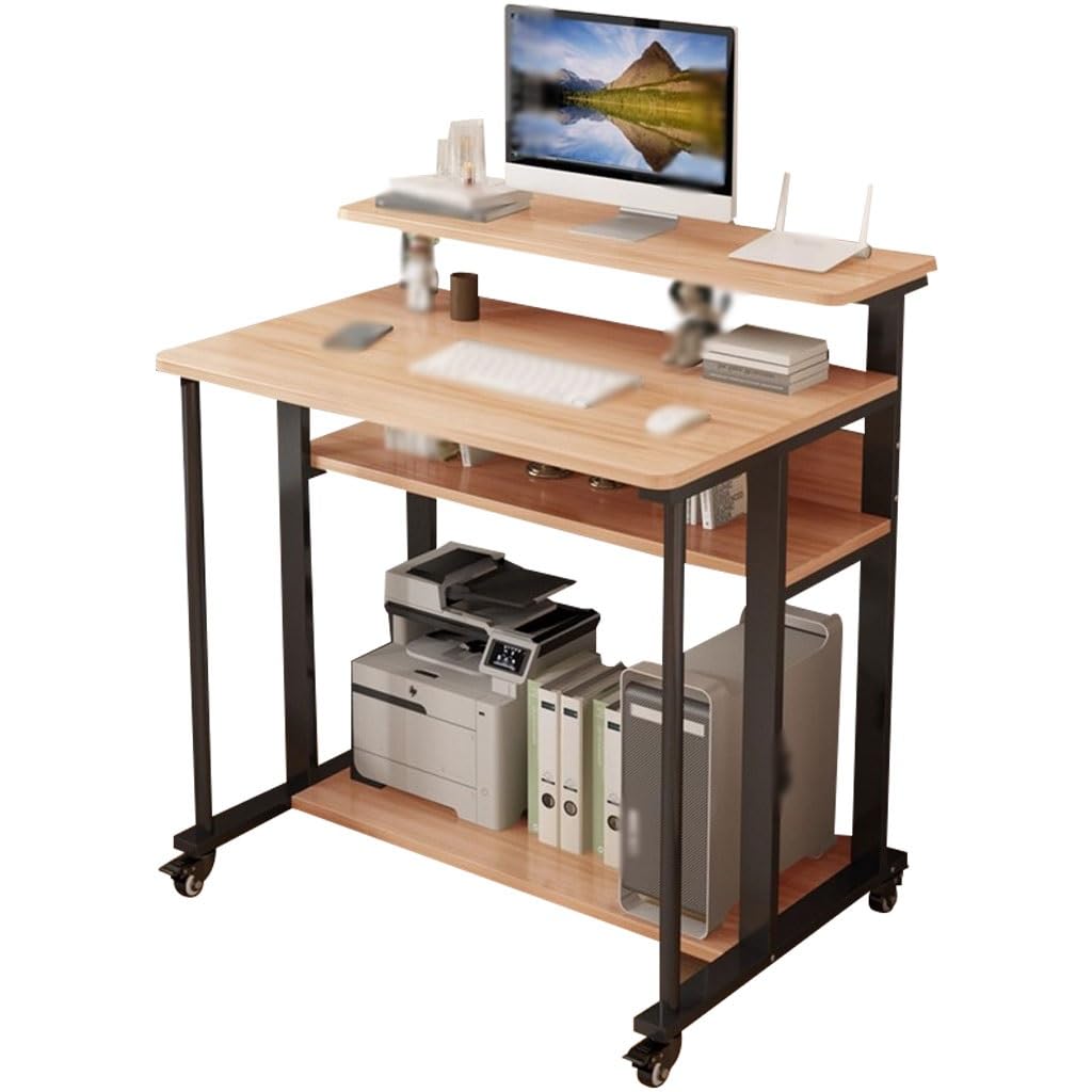 27.5/31.5 Inch Bedside Work Study Desk - 4-Tier Solid Wood Storage Table with Wheels, Mobile Workstation for Small Spaces(Black+Wood,70 * 58 * 89cm)