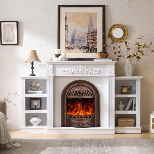 Image of 78 inch Electric Fireplace with Mantel, Electric Fireplace TV Stand White