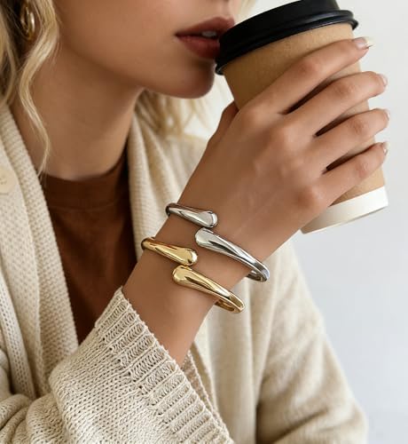 Image of Chunky Gold Bangle Bracelets for Women, Dainty 14k Gold Plated Big Stackable Bangles Set, Trendy Statement Cuff Bracelet Stack Fashion Jewelry Gifts