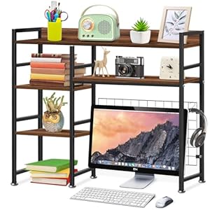Desktop Bookshelf, 37 x 35 x 8 Inch Adjustable Desk Hutch, 4-Tier Wood Desktop Organizer Shelf for Computer Desk, Home Office Dorm, Brown
