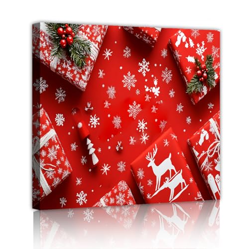 Toile rouge art mural Noël CHERHERART 55x55cm avec cadre intérieur pour décoration festive