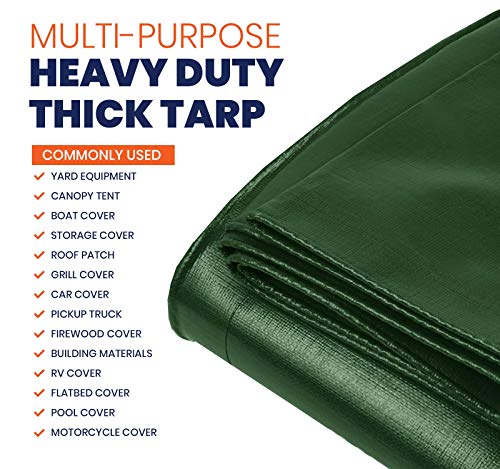 Image of Extra Heavy Duty 14 Mil Tarp Cover, Waterproof, UV Resistant, Rip and Tear Proof, Poly Tarpaulin with Reinforced Edges for Roof, Camping, Patio, Pool, Boat (Green /Black 10′ X 10′)