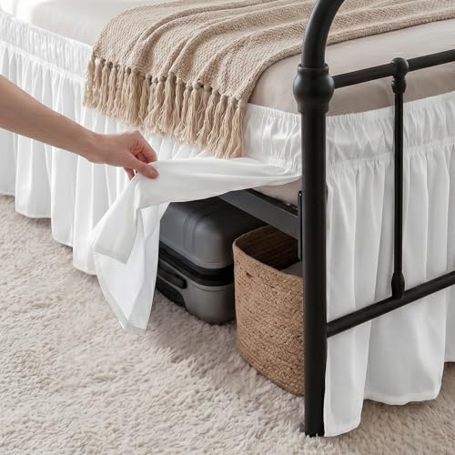 RIMELA Full Size Bed Skirt with Split Corners 15 Inch Drop Elastic Wrap Around Dust Ruffle Easy Install Fit Metal Frame Machine Washable Perfect for Women Men Bright White