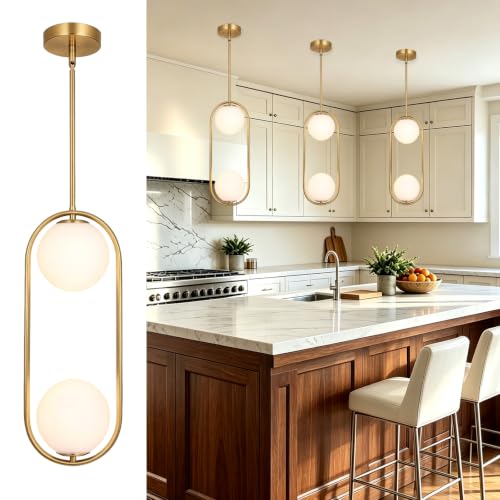 SeeU 2-Lights Gold Pendant Lighting Milky Glass Globe Shade Hanging Light