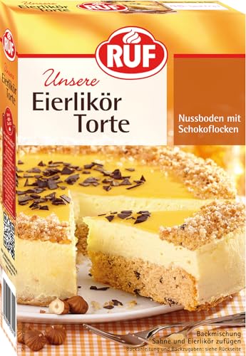 RUF Eierlikör-Torte, Torten-Backmischung für einen Nuss-Biskuitboden mit Schokoflocken, Sahnecreme und Eierlikör, einfach & schnell