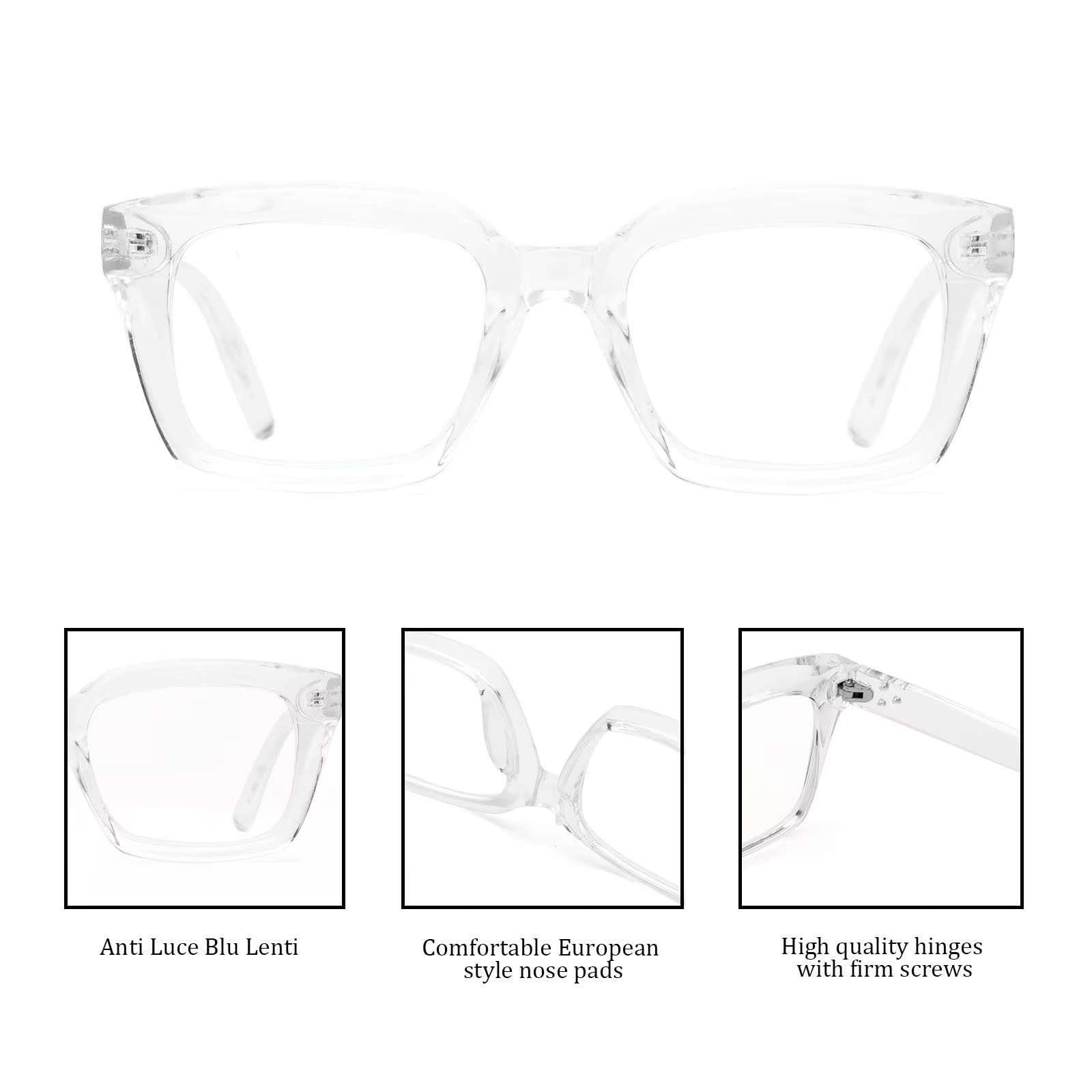 Amorays Occhiali da Lettura Oversize Square Frame Vintage con Anti Luce Blu Lenti Occhiali Presbiopia Lettori per Donna Uomo 6561(Trasparente,+1.00)