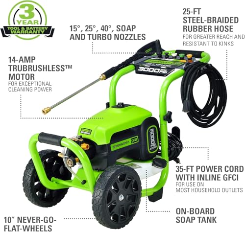Image of Greenworks Pro Brushless 3000 PSI (CSA Certified) 2.0 GPM Max / 1.1 GPM Electric Pressure Washer (Foldable Handles, Rugged Steel Frame, 25 FT Hose, 35 FT GFCI Power Cord) + Car Wash Pods (12 Count)