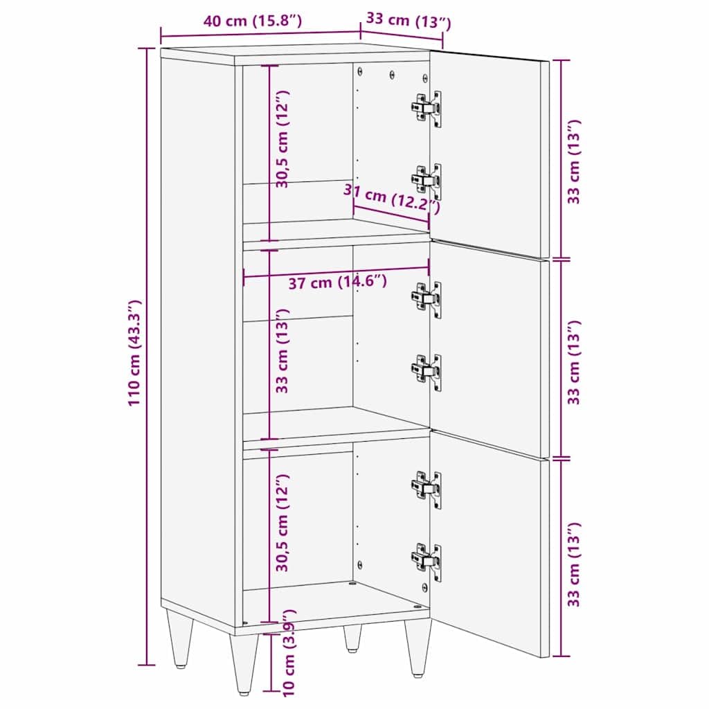 vidaXL Highboard mit Regal Schwarz 40 x 33 x 110 cm Massivholz Mango, Wohnzimmer, moderner Hochschrank, eleganter Sideboard, Holz mit Messing, stylische, praktische Kommode