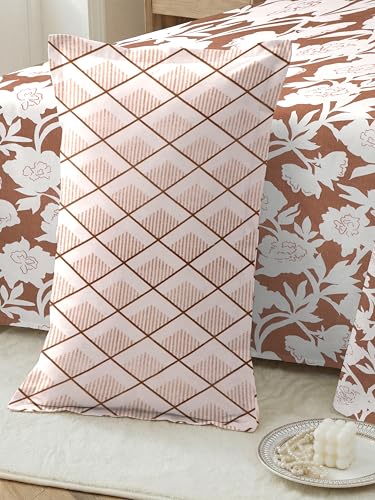 Image of Cotton Glace Cotton Elastic Fitted Bedsheet with 2 King Size Pillow Covers | Double Bed with All Around Elastic, Fits Upto 8 Inches Mattress, Size 72 x 78 Inches (Brown White)