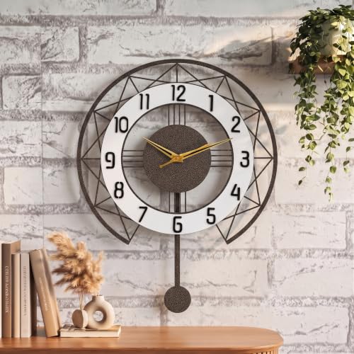 Image of Decorative Metal Wall Clock with Pendulum for Living Room | Modern Stylish Wall Clock for Bedroom, Hall, Office & Home Decor | Luxury Analog Wall Clock (Antique Gold 40 cm)