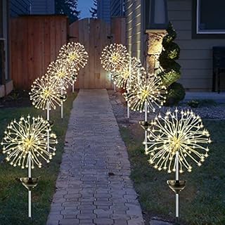 Honche Solar Lights Outdoor Garden Waterproof, LED Firefly Starburst Firework Light for Pathway Patio Lawn Backyard Flowerbed Party Christmas Decorations with 120 LEDs 8 Mode 2 Pack Warm White Round
