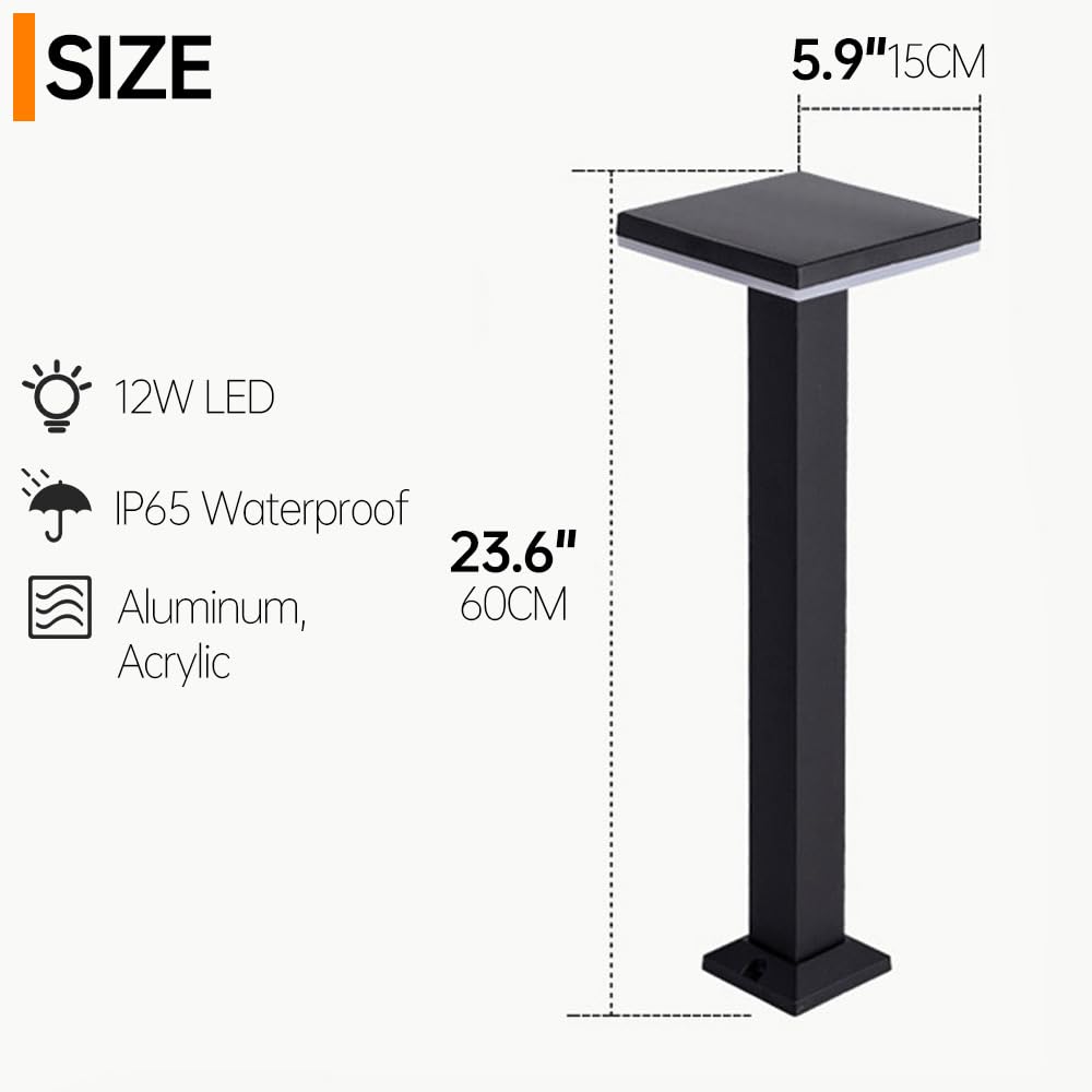 Luz del bolardo del Paisaje, luz Impermeable del j Baliza LED for jardín Exterior, IP65, Resistente al Agua, de Aluminio, Color Negro, Varios tamaños(60CM)