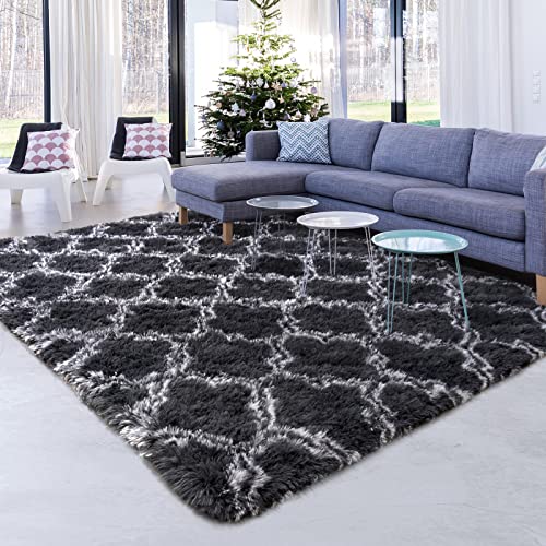 Unirea 6X9 Feet Luxury Shag Area Rug Modern Indoor Plush Fluffy Rugs, Super Soft And Fuzzy Carpet, Geometric Moroccan Rugs For Bedroom Living Room Girls Kids Nursery, Dark Grey/White #TOP4