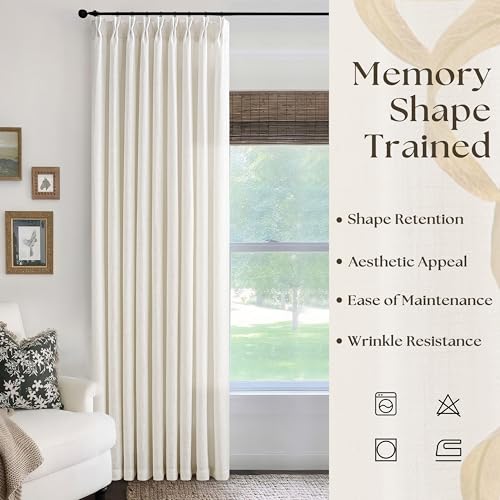 Image of 120 Inches Long 60 Inch Width Pleated Curtains Natural Cream 60x120 | Linen, Extra Wide, Living Room Bedroom, Sheer, Back Tab, Hooks Rings, Pinch Pleat, Patio Glass Door, 1 Panel, 120 Inch Length