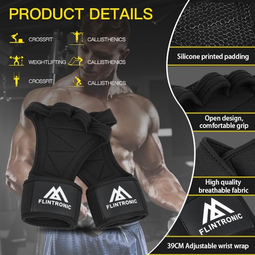 flintronic Guantes de Gimnasio, Guantes Crossfit con Muñequeras Gym, Guantillas Gym Transpirable Antideslizantes, Válidos para Gimnasio, Calistenia, Mancuernas, Kettlebell, Dominadas Fitness (Negro) - Imagen 5