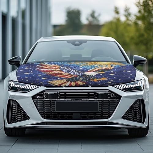 Image of USA Flag Eagle Front Hood Covers for Cars Starry Sky Car Hood Cover Patriotic Car Hood Cover Wrap Auto Decor Adjustable Automotive Hood Covers for Cars Sedan Accessory, 4th of July