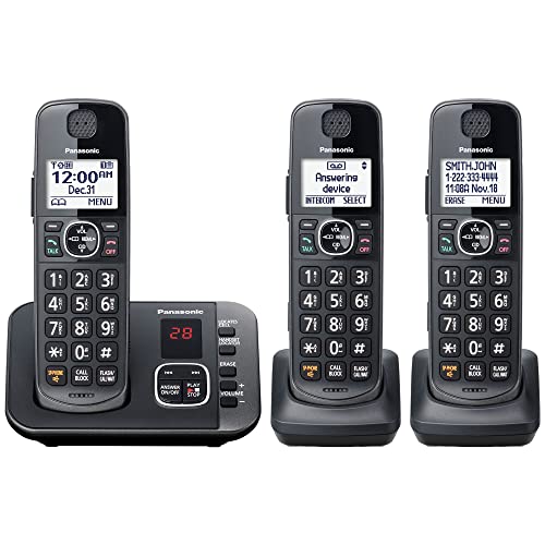 Panasonic DECT 6.0 Expandable Cordless Phone System with Answering Machine and Call Blocking – 3 Handsets – KX-TGE633M (Metallic Black)
