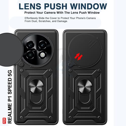 Image of AESTMO Tough Armor Realme P1 Speed Bumper Back Case Cover | Ring Holder & Sliding Camera Shield Cover | 360 Degree Protection Back Case Cover for Realme P1 Speed (Black)