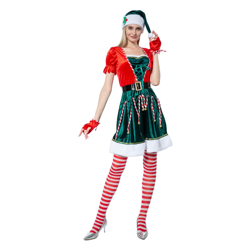 Disfraz unisex de elfo para hombre, disfraz de lujo para adultos, disfraz de Navidad, disfraz de duende de Santa Helper, color verde fiesta de cosplay para mujeres