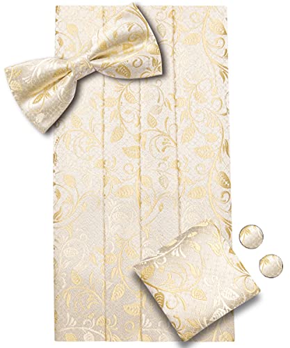 Image of Dubulle Mens Cummerbund and Bow Tie Set Paisley Floral Pretied Bowties for Men Pocket Square Cufflinks Wedding Business