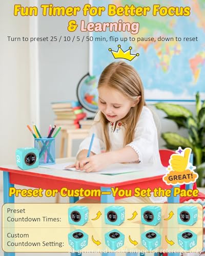 Image of Pomodoro Timer Cube Visual Productivity Flip Timer for Kids Classroom Desk, 5 /10 /25 /50min& Custom Countdown, Silent&Sound Mode Digital Cube for ADHD Study Work School Game Kitchen (Mint Green)