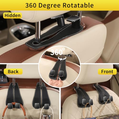 Image of WEIHAO Wide Purse Hook for Car, Twin Hook Leather Car Headrest Hangers, Car Seat Back Storage Hook, Headrest Hooks Purse Bag Holder for Car Universal Fit Sedan Trucks SUVs Most Vehicles (Black-4PCS)