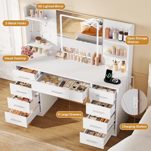 Image of FIONESO Vanity Desk with Mirror and Lights, Makeup Vanity with 9 Drawers & Power Outlet, 5 Hooks & 6 Open Shelves, 3 Lighting Colors & Adjustable Brightness, White Vanity for Girls
