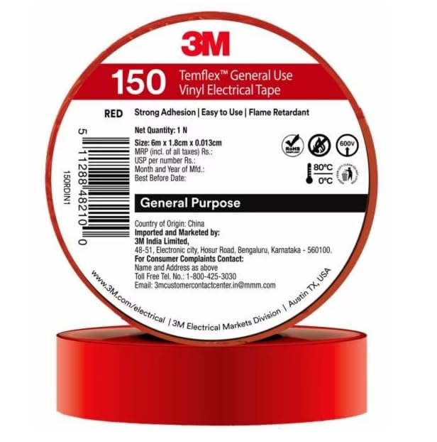 3M Temflex 150 Vinyl Electrical Tape, For Residential and Commercial, Use in General wire harness taping, bundling wires, cables and wire pulling and fishing (18mm X 6M, 10 Rolls/Pack, Red)-image-3