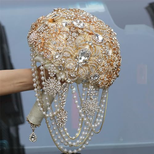 Image of MaxxCloud Luxury Gatsby-Inspired Vintage Wedding Golden Brooch Bouquets Handmade Sliver Bling Glam Wedding Bridal Bouquet