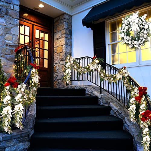 GarveeHome Prelit Christmas Garland for Mantle, 9 Ft Battery Operated Xmas Garland with Lights Silver White Ball Ornaments Pine Cones for Fireplace Front Door Stairs Railing Indoor Outdoor Decor