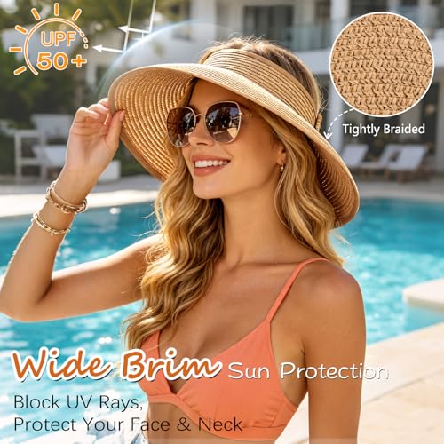 Sun Hats Visor for Women, UV UPF Straw Beach Hat Foldable Wide Brim Ponytail Summer Hats Packable Travel - Image 3
