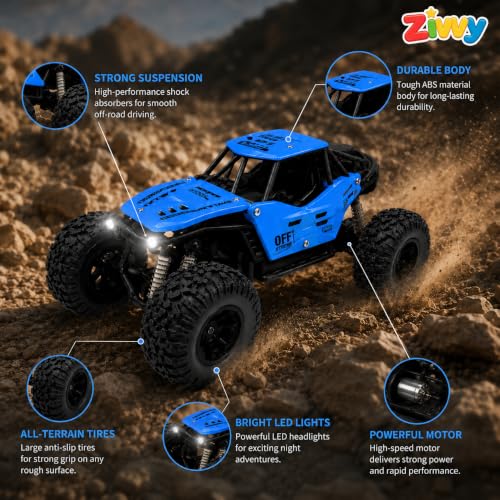Image of Big Blue Remote Control Car | Rock Crawler | LED Headlight | Rechargeable Battery with Type c Charger | 100m Range | Smoke | Toy Car for Kids & Boys 7-14 Years | Birthday Gift for Kids