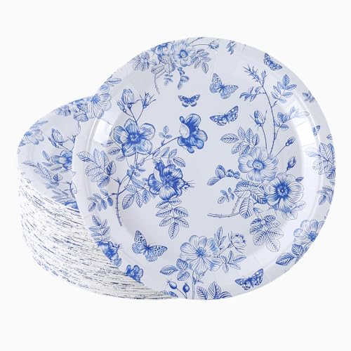 Pexicor 100Pcs Floral Paper Plates 9 Inch Blue and White Butterfly Flower Paper Plates Disposable Spring Dinner Dessert Plate for Baby Shower Wedding Birthday Party Tableware Decorations