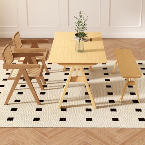 Image of DUOMAY Wooden Dining Table, Square 59 inch Wide Kitchen Table for 4-6 People, Mid Century Rectangular Dinner Table with Trestle Base for Home Restaurant, Original Wood Color