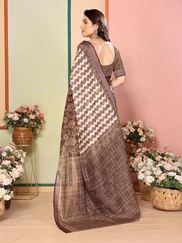 Image of Sidhidata Women's Cotton Linen Blend Lining Digital Printed Saree With Unstitched Blouse Piece (Linen Lining Saree)