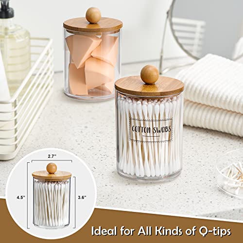 VITEVER-3-Pack-Qtip-Holder-Dispenser-with-Bamboo-Lids-10-oz-Clear-Plastic-Apothecary-Jar-Containers-for-Vanity-Makeup-Organizer-Storage-Bathroom-Accessories-Set-for-Cotton-Swab-Ball-Pads-Floss