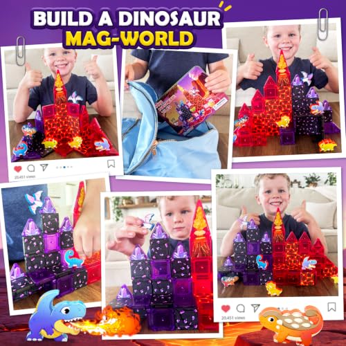 Image of Mini Magnetic Tiles Kids Dinosaur Toys, Magnetic Blocks with 6 Dinosaurs | Road Trip Essentials for Car & Airplane Magnet Tiles STEM Construction Building Toys, Gifts & Toys for Boys Girls Ages 3-12