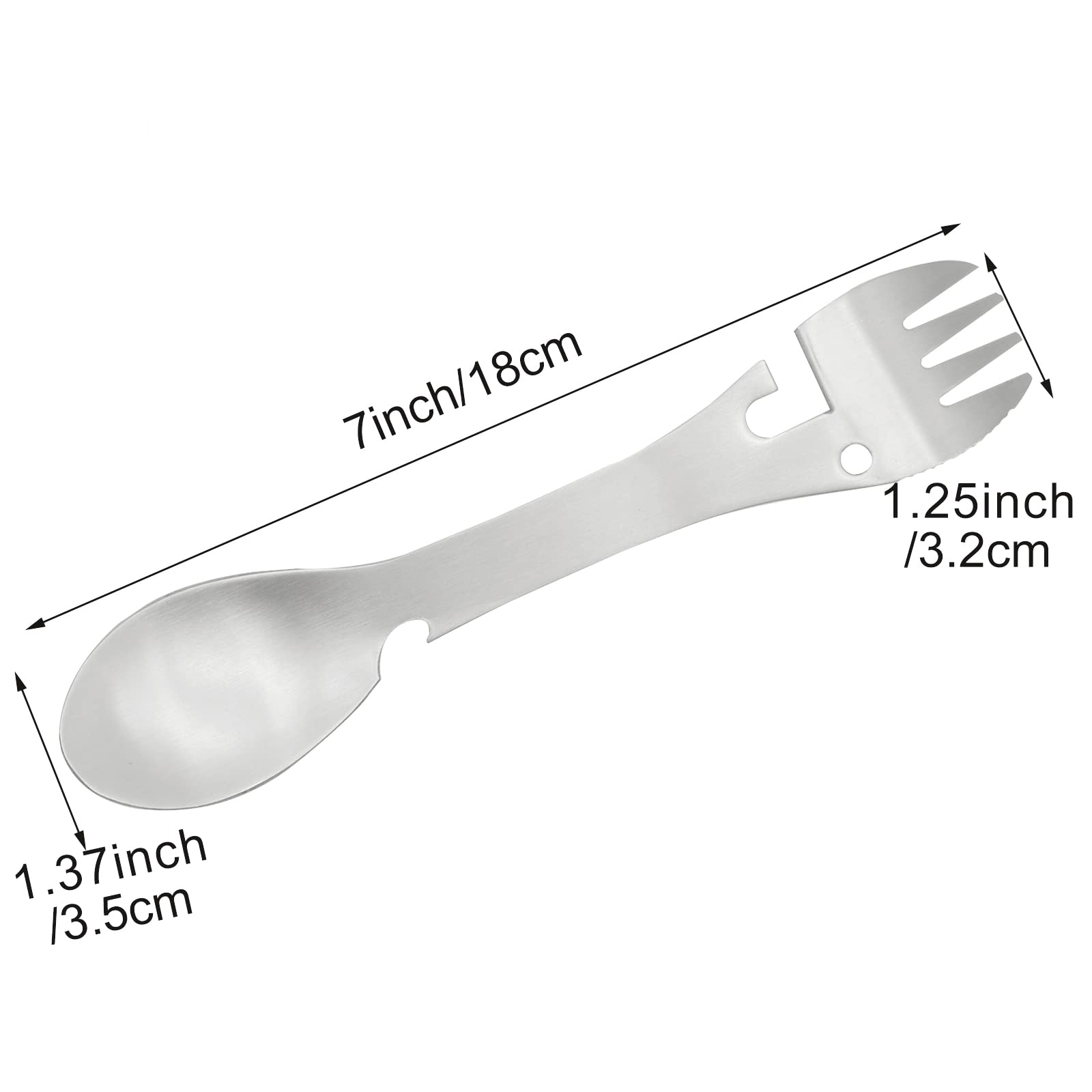 Multifunktions-Göffel für Camping, 5-in-1, Löffel, Gabel, Messer, Dosenöffner, Kombi, 18/10 (304), Edelstahl, tragbare Utensilien für Outdoor, Picknick, Wandern, Angeln, Bootfahren, Grillen,