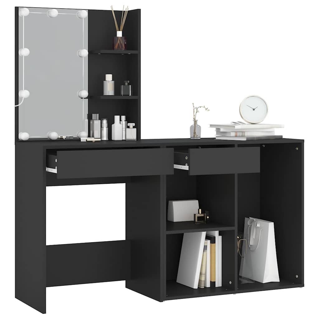 LED-Schminktisch mit Schrank Schwarz Holzwerkstoff, 60x40x140 cm, mit LED-Beleuchtung, Spiegel, Schublade, Stauraum und USB, für Schlafzimmer, Ankleidezimmer, modernes Makeup Styling