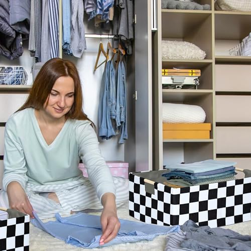 Image of Checkered Storage Basket Room Decor Gifts Basket Foldable Nursey Box Kids Hamper Storage Cube for Women Closet Organizer Boys Car Toys Bins with Handles