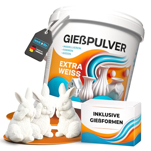 Gießpulver Extra Weiß Set inkl. Silikonform – Gips zum Gießen für Osterdeko, Reliefgießpulver extra weiß, Gießmasse für Silikonformen, DIY Set für Figuren (3x Hasen, Pulver 1kg)