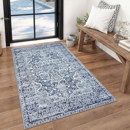 KUTA 3x5 Vintage Area Rug, Vintage Floral Kitchen Rugs Blue White Washable Non-Slip, Ultra Soft Printed Medallion Tribal Entry Low-Pile Carpet for Bedroom Nursery Dorm Décor