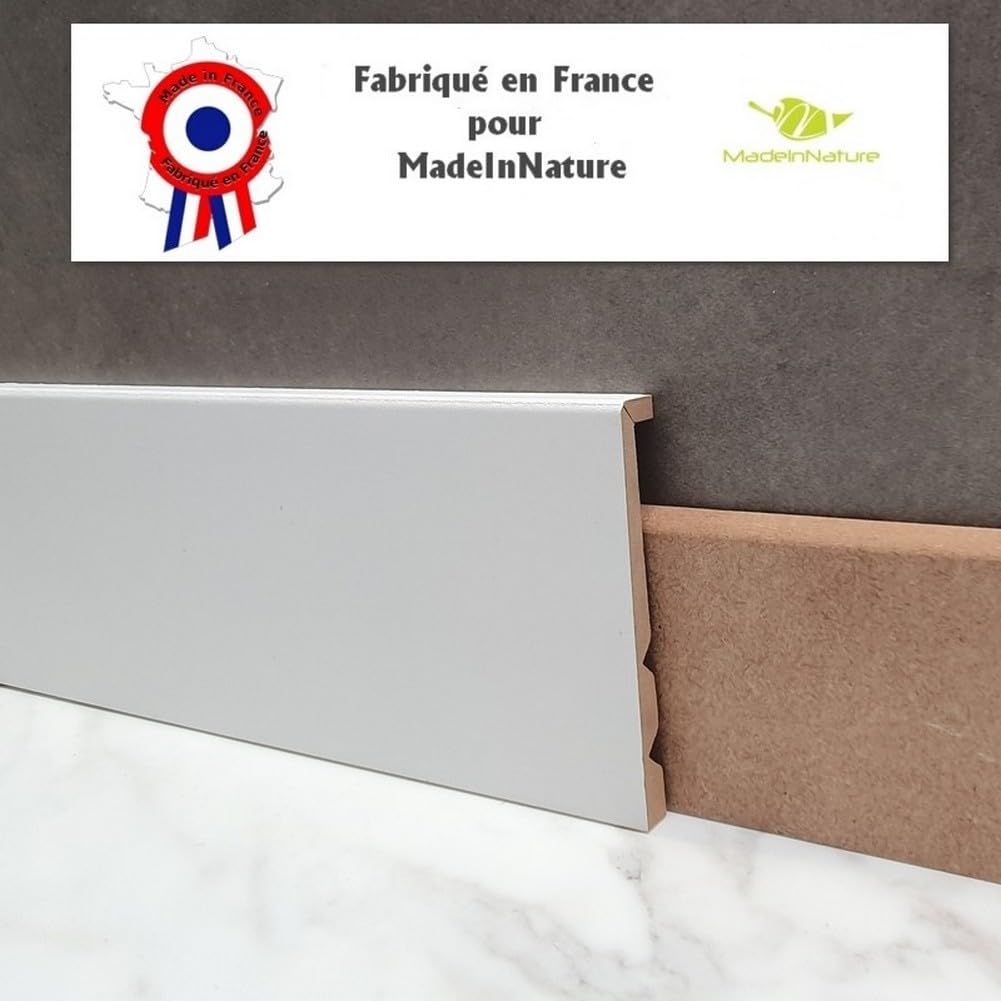 MadeInNature Zócalo de madera blanca ajustable en tablero DM prepintado, rodapié de altura ajustable y longitud a elegir, fabricado en Francia, altura 13 cm (50 ml)